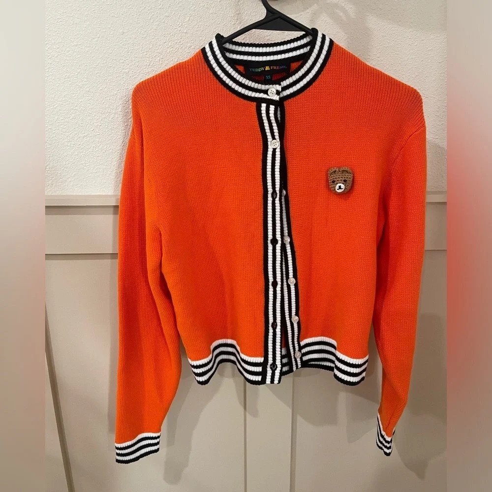 Teddy Fresh Orange Button Up Bear Cardigan with Striped Trim - Picture 2 of 6